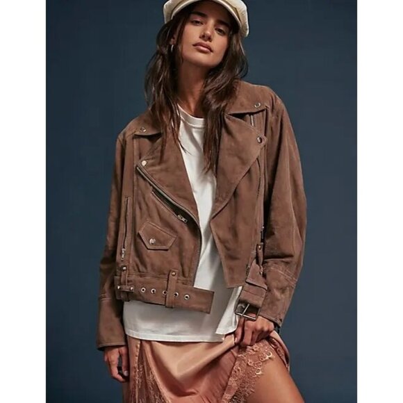 Free People Jackets & Blazers - Free People Mina Suede Jacket Womens L Mocha Brown Moto Edgy Boho Indie Grunge